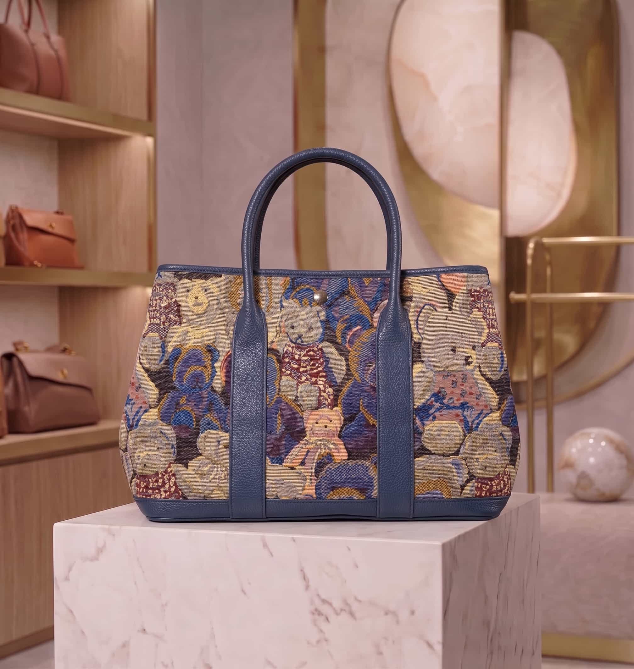 Sac Cabas – Motif Oursons Rétro (Bleu)